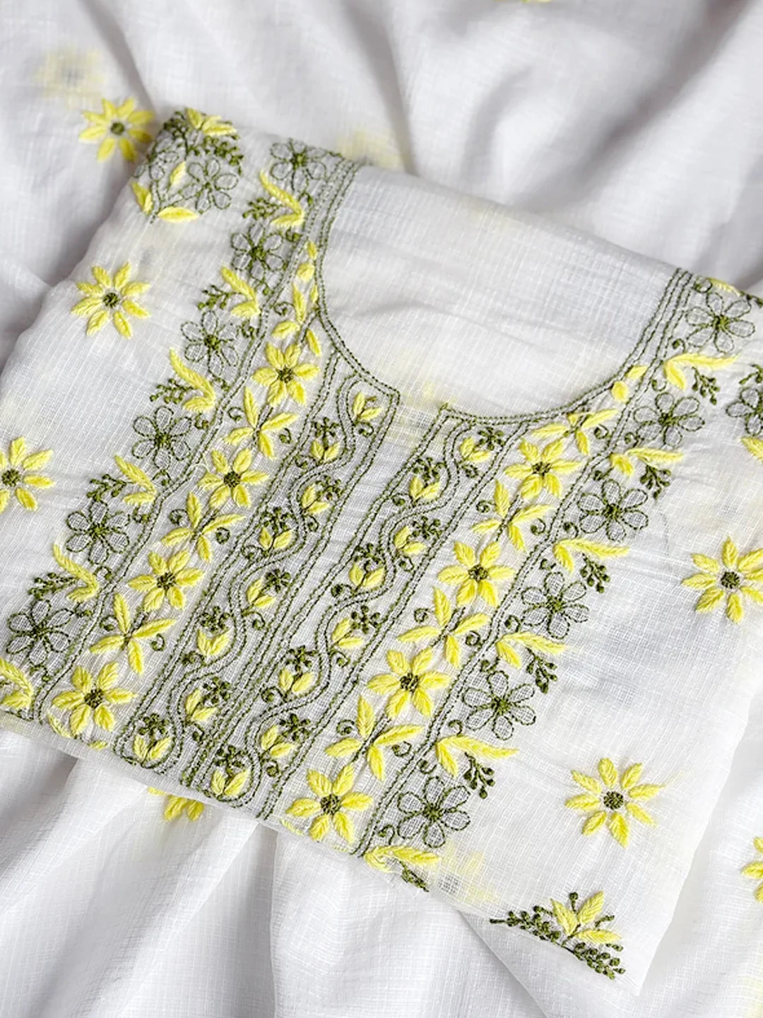 Eshani Kota Cotton Chikankari Un-stitched Kurti Piece with Dupatta - Yellow