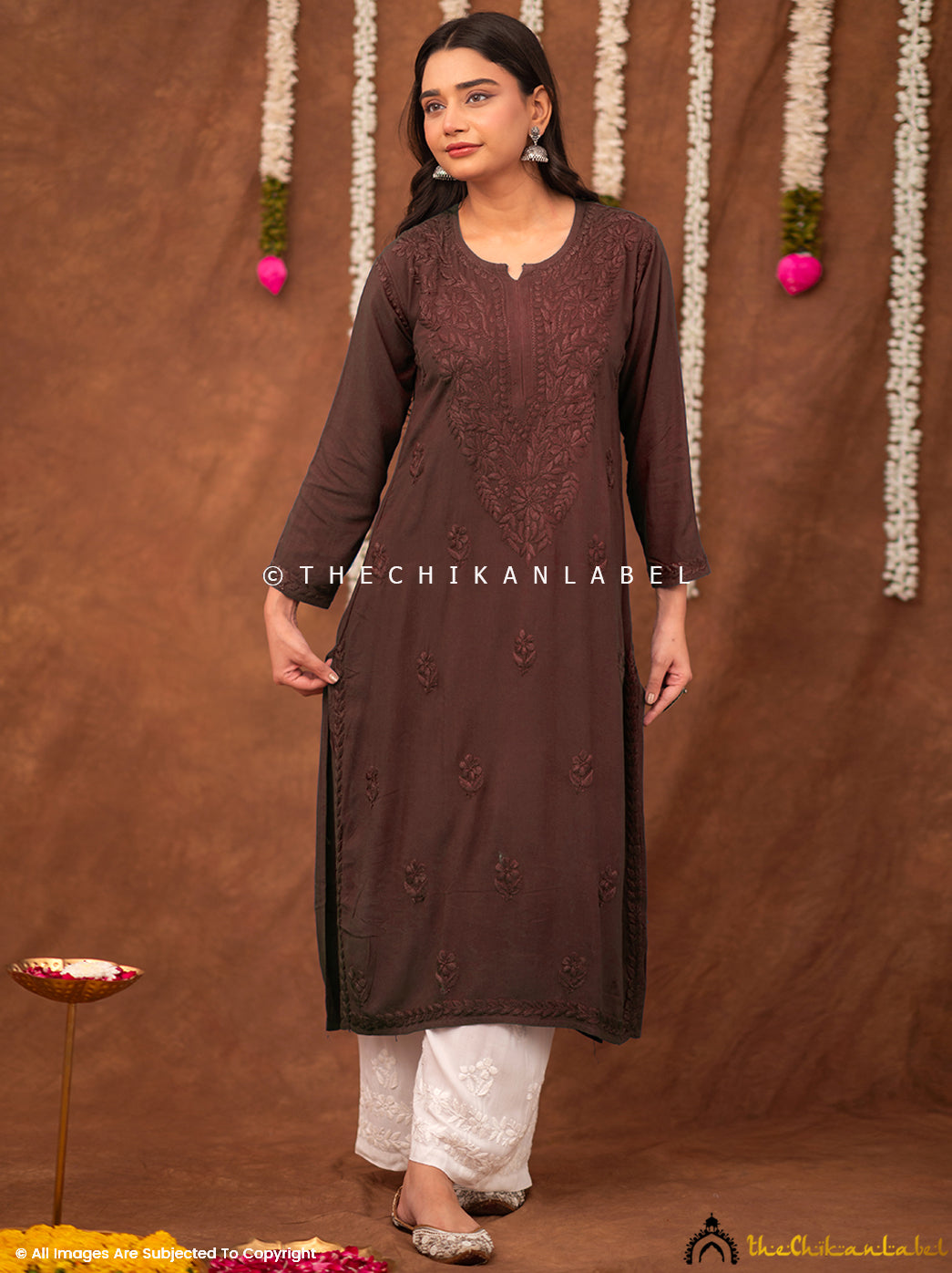 Fatima Rayon Chikankari Straight Kurti - Brown