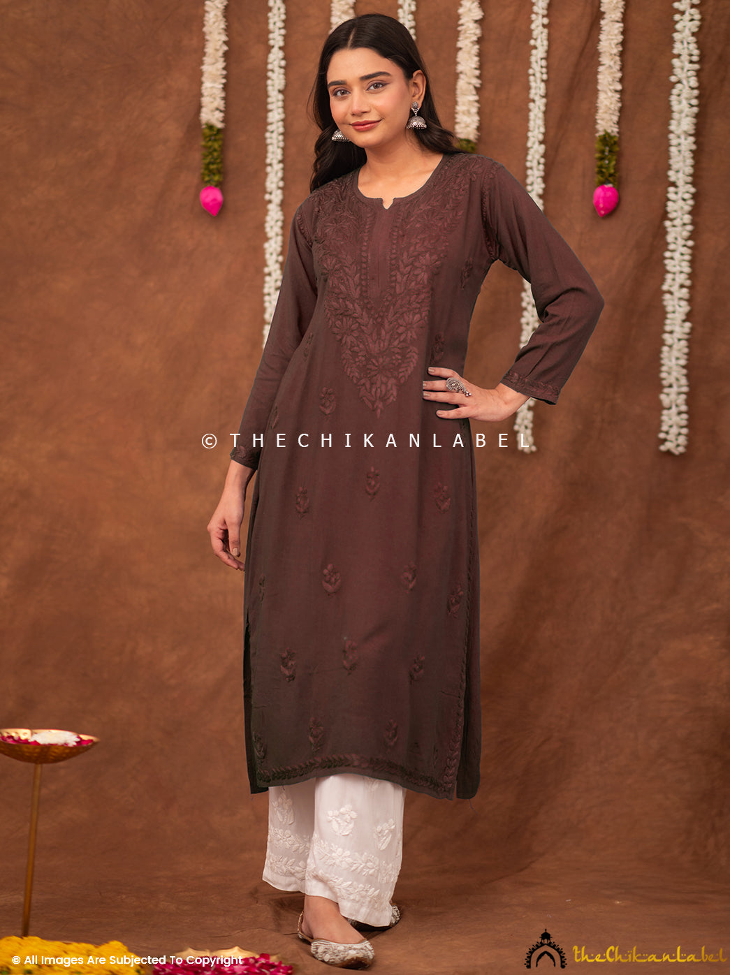 Fatima Rayon Chikankari Straight Kurti - Brown