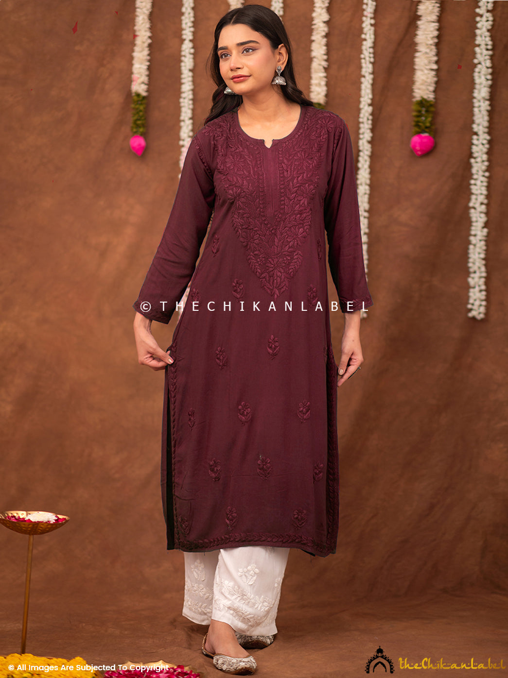 Fatima Rayon Chikankari Straight Kurti - Maroon