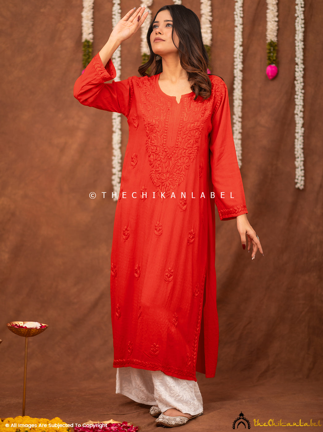 Fatima Rayon Chikankari Straight Kurti - Red