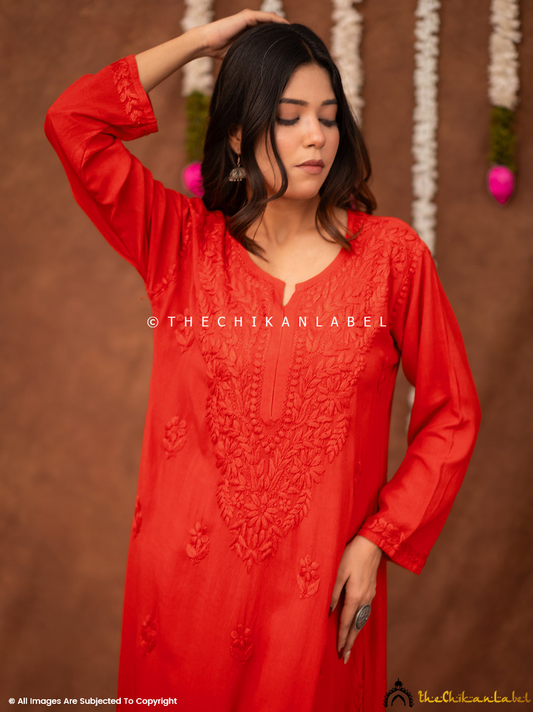 Fatima Rayon Chikankari Straight Kurti - Red