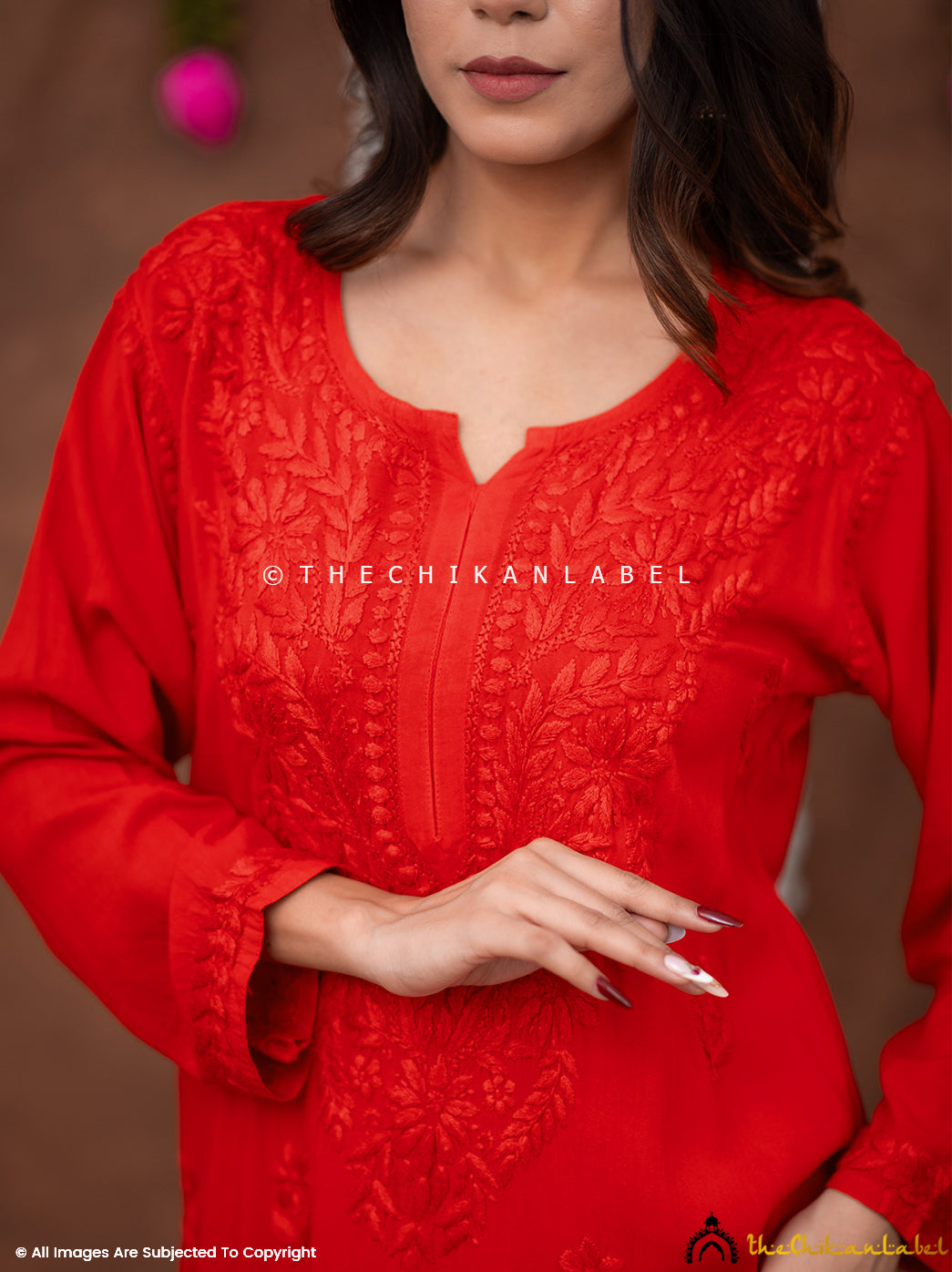 Fatima Rayon Chikankari Straight Kurti - Red