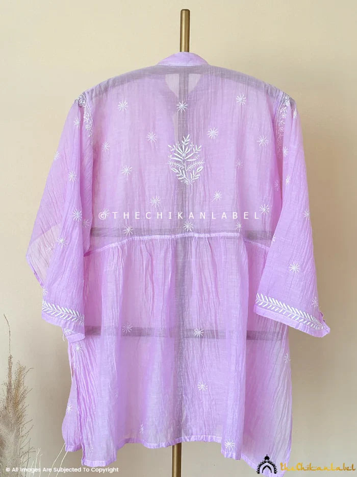 Feba Mul Chanderi Semi-Stitched Chikankari Short Kurta - Lavender