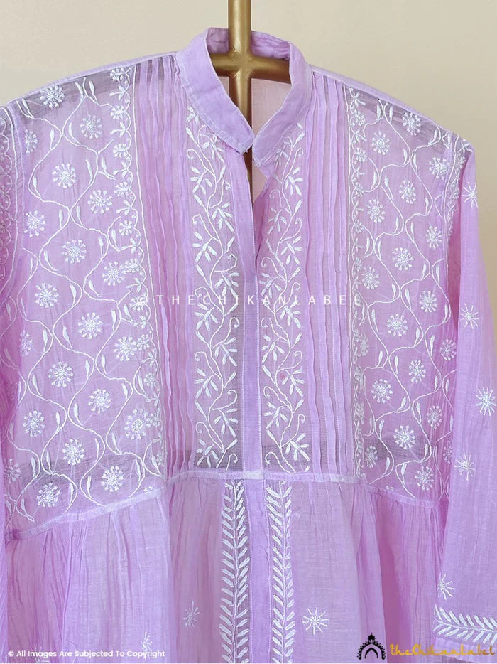 Feba Mul Chanderi Semi-Stitched Chikankari Short Kurta - Lavender