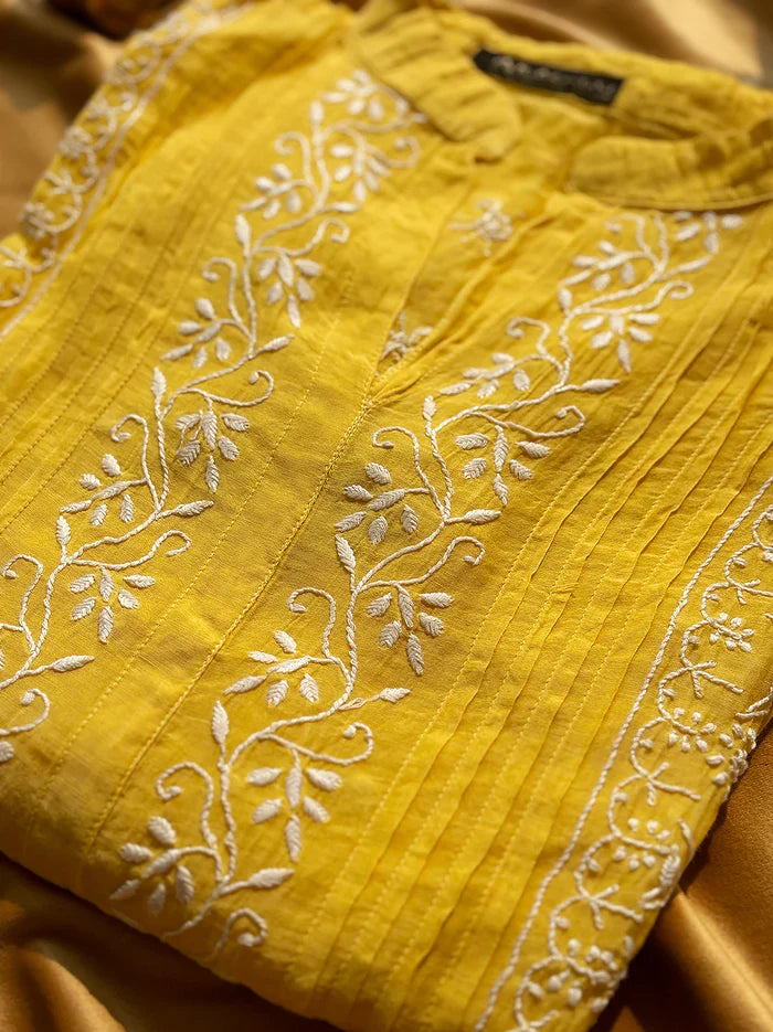 Feba Mul Chanderi Semi-Stitched Chikankari Short Kurta - Yellow