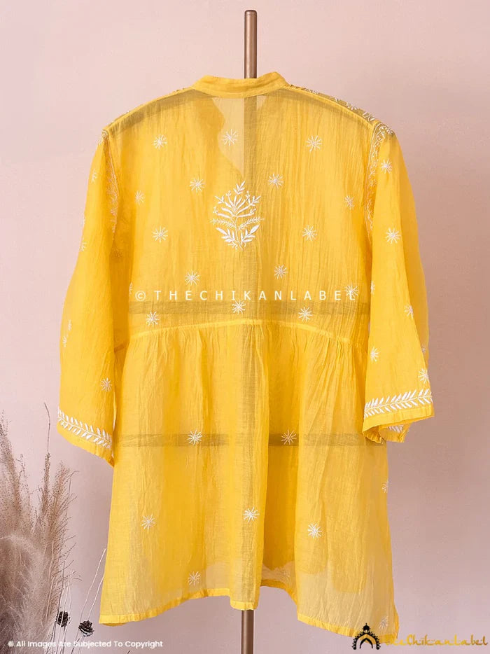 Feba Mul Chanderi Semi-Stitched Chikankari Short Kurta - Yellow