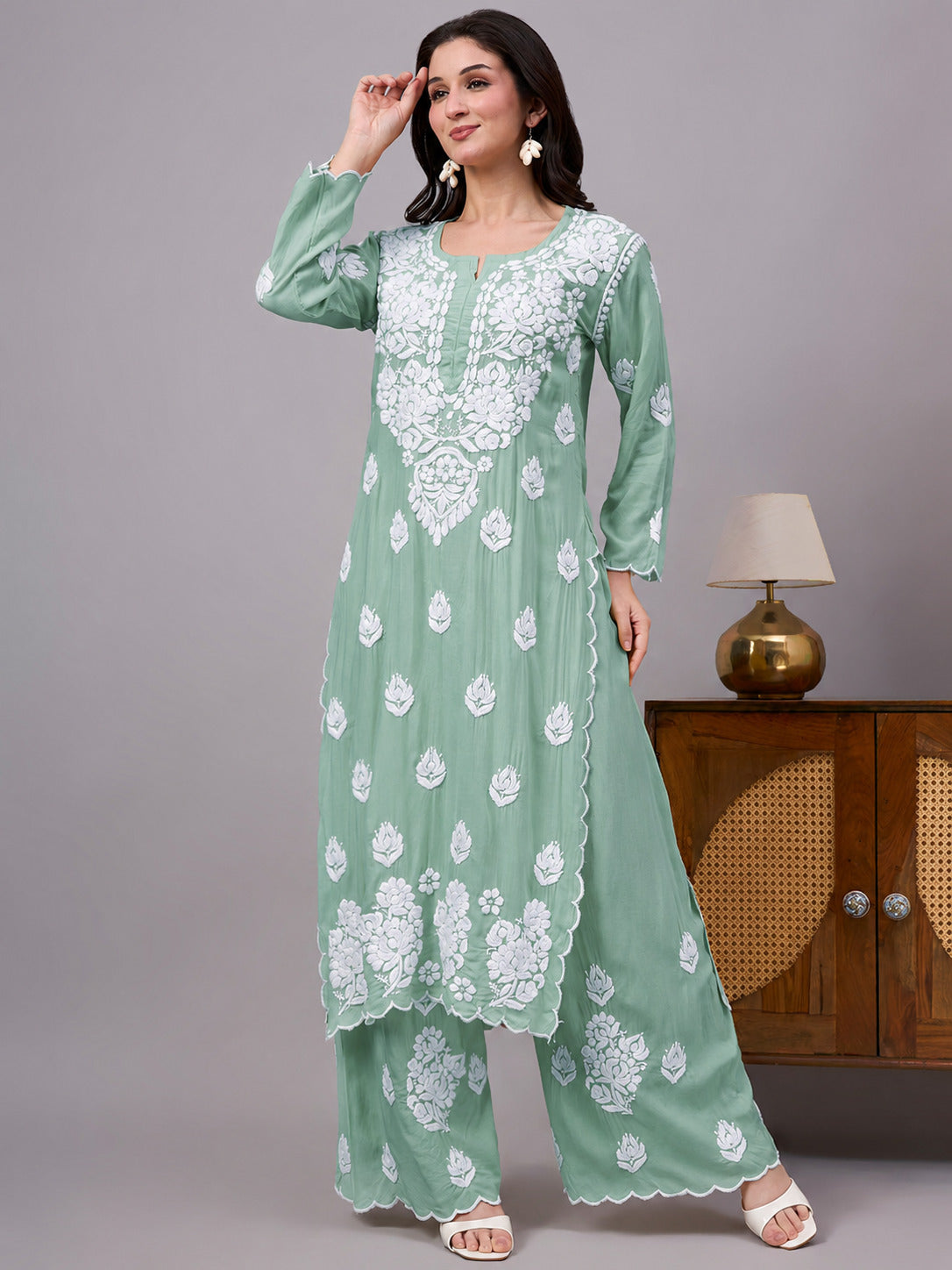 Najat Modal Chikankari Kurti Palazzo Set - Green