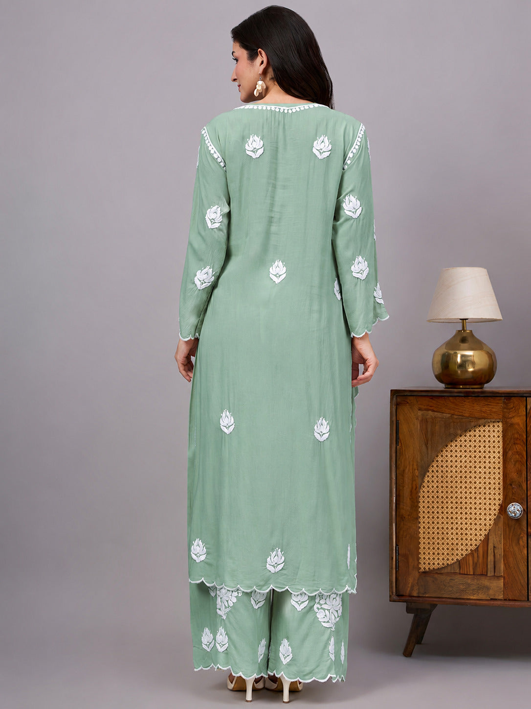Najat Modal Chikankari Kurti Palazzo Set - Green