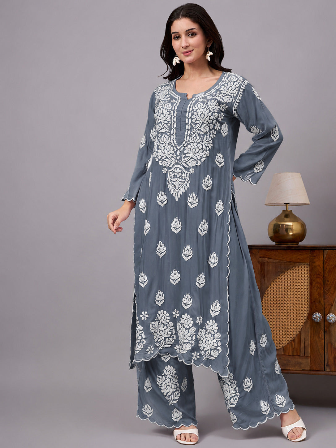 Najat Modal Chikankari Kurti Palazzo Set - Grey