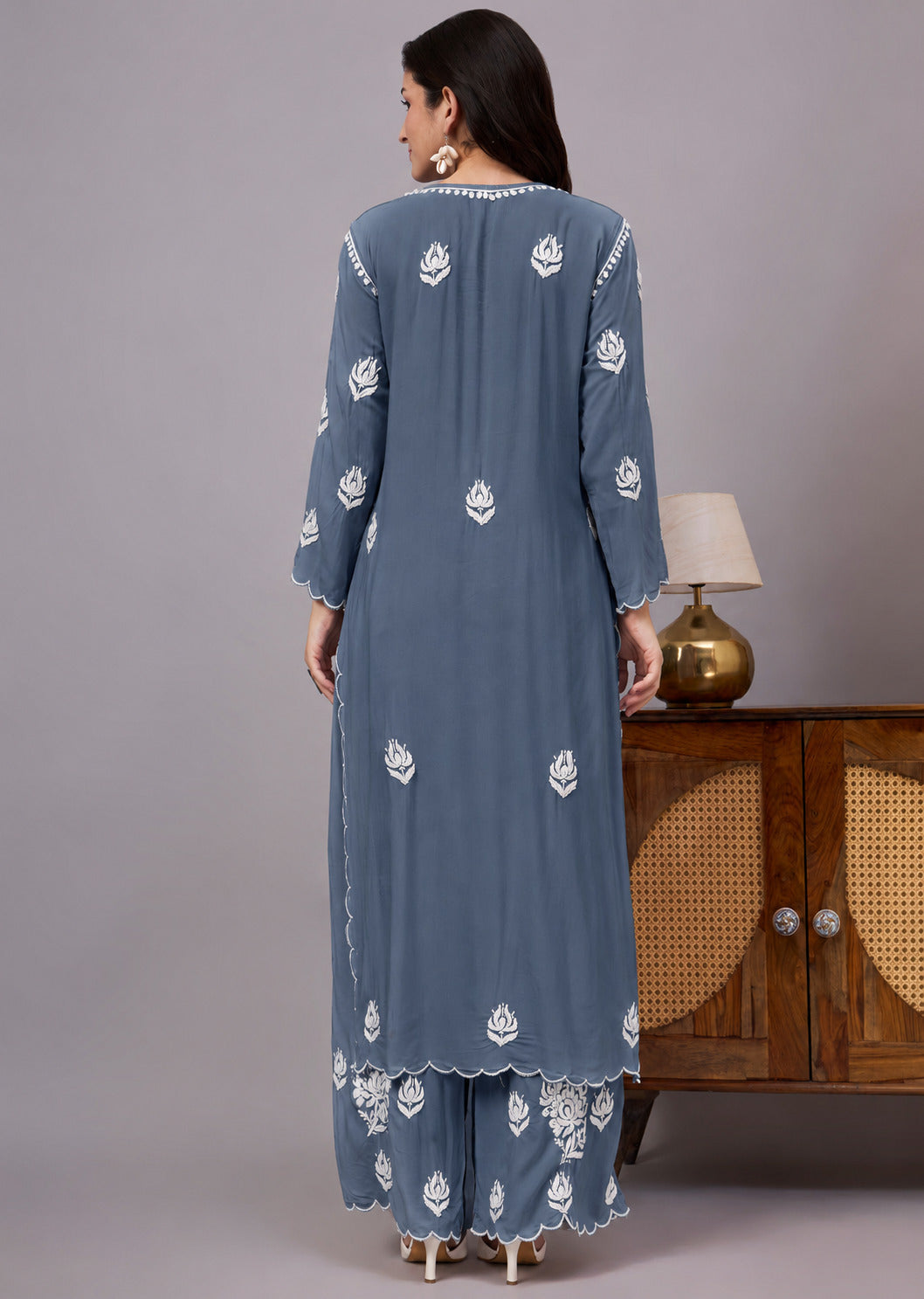 Najat Modal Chikankari Kurti Palazzo Set - Grey