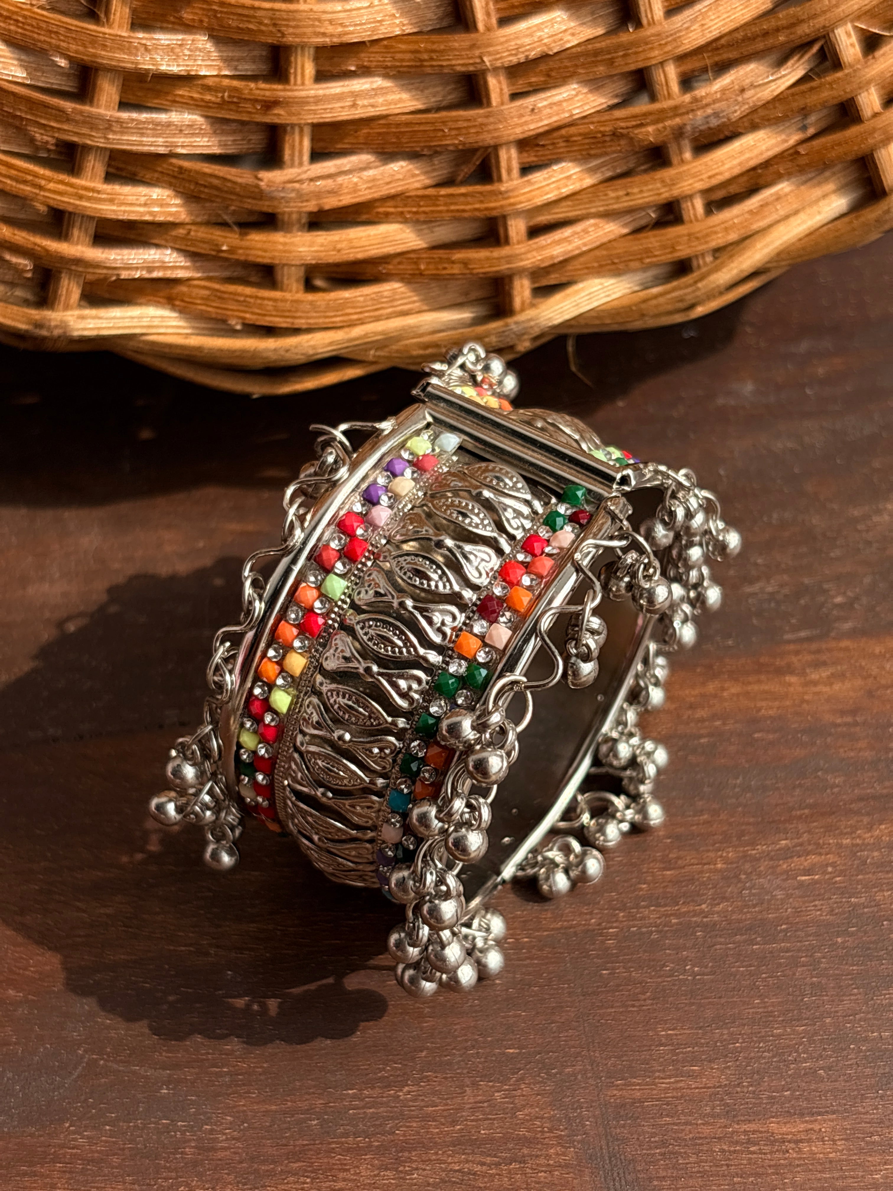 Rangili Oxidised Silver-Tone Multicolour Stone Ghungroo Cuff Bracelet