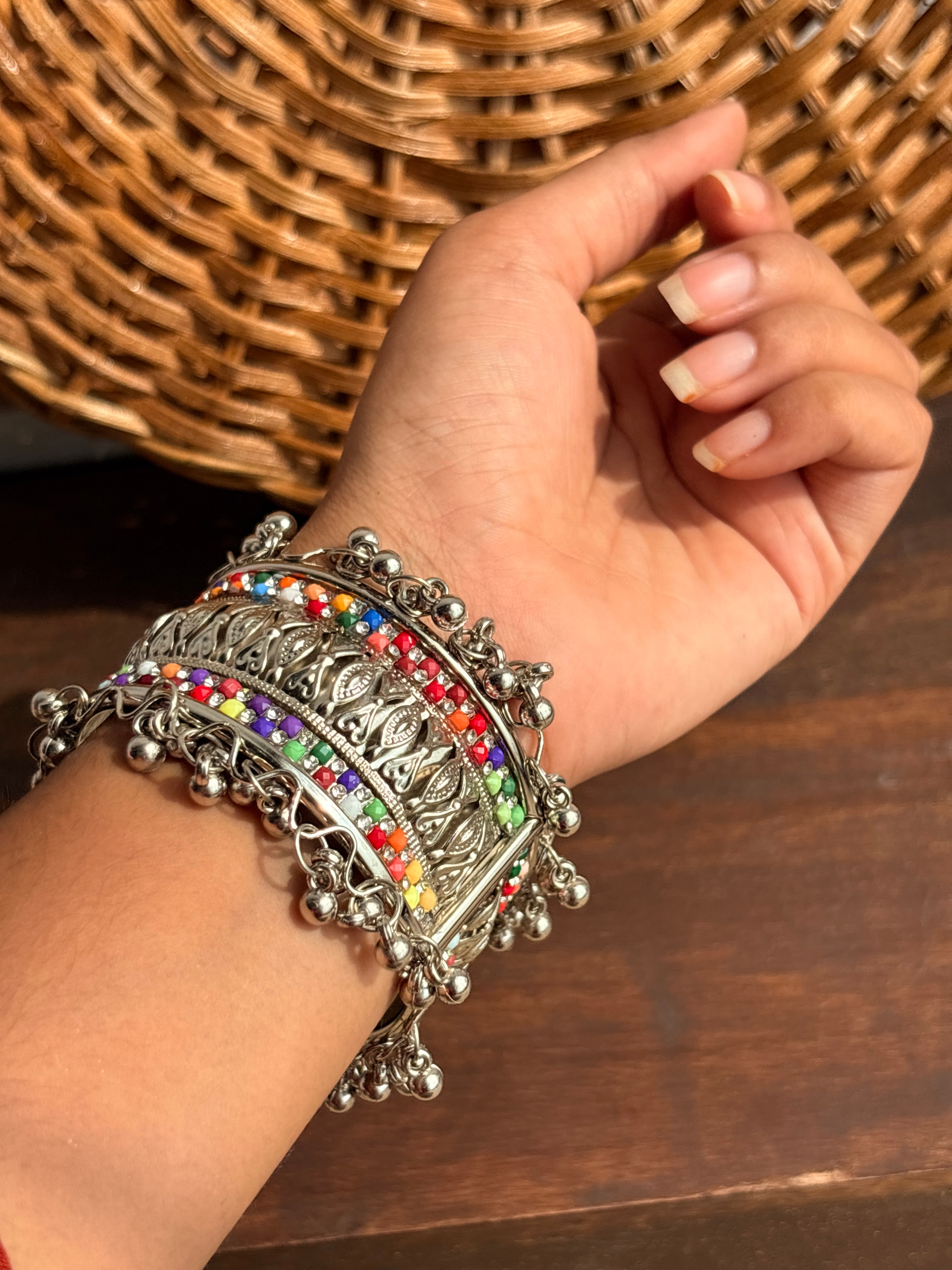 Rangili Oxidised Silver-Tone Multicolour Stone Ghungroo Cuff Bracelet