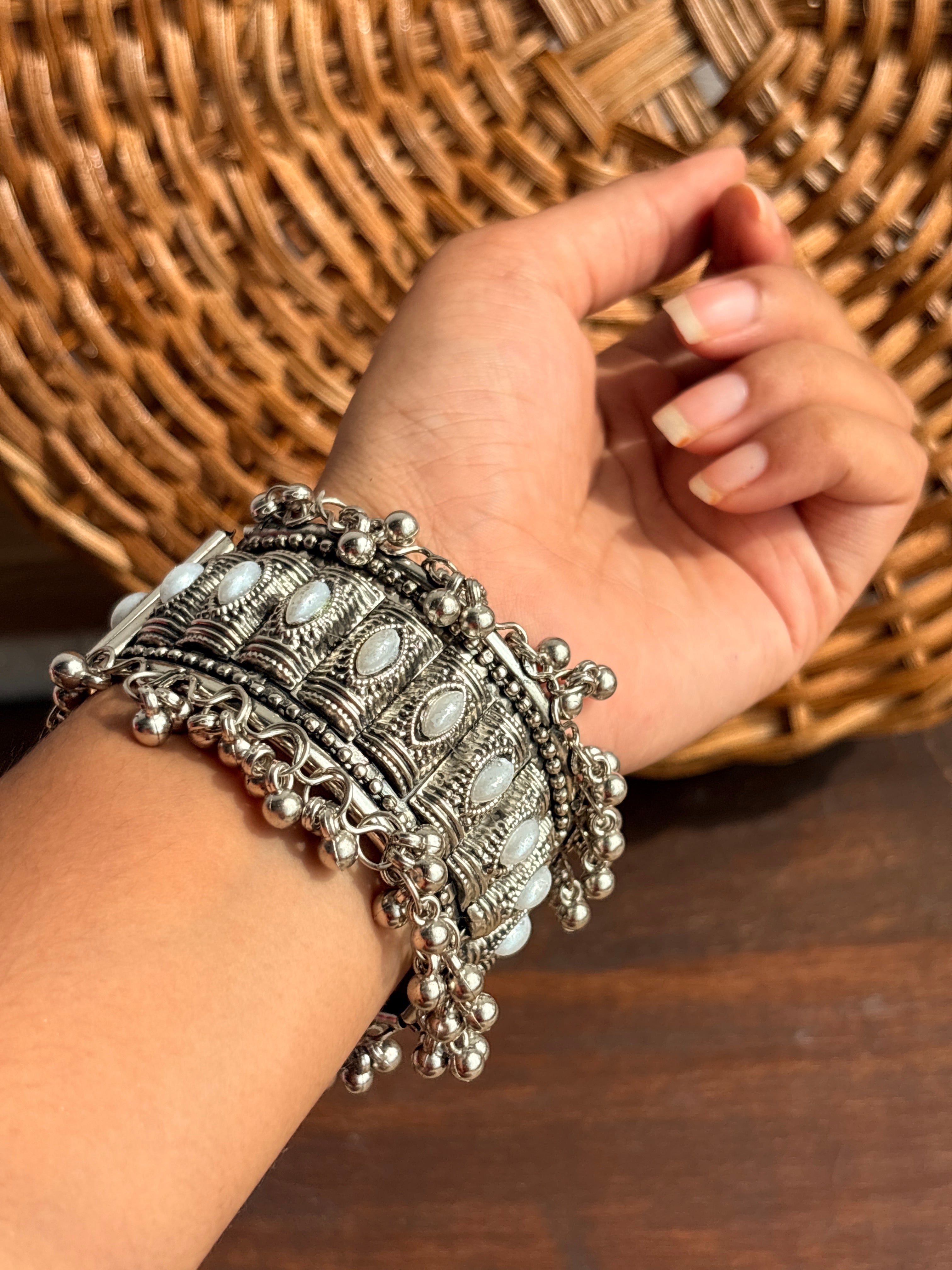 Chaandni Oxidised Silver-Tone White Stone Ghungroo Cuff Bracelet