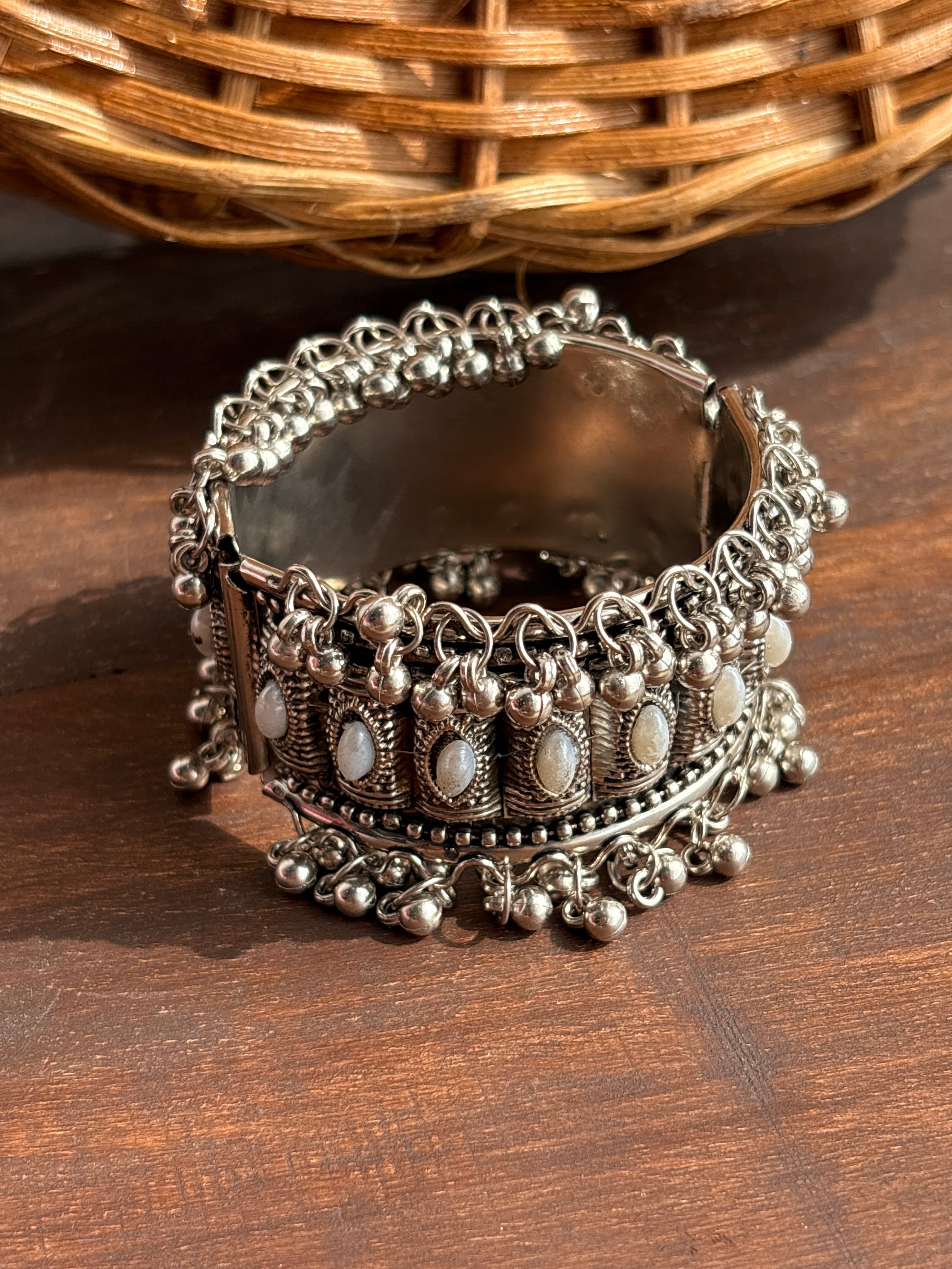 Chaandni Oxidised Silver-Tone White Stone Ghungroo Cuff Bracelet