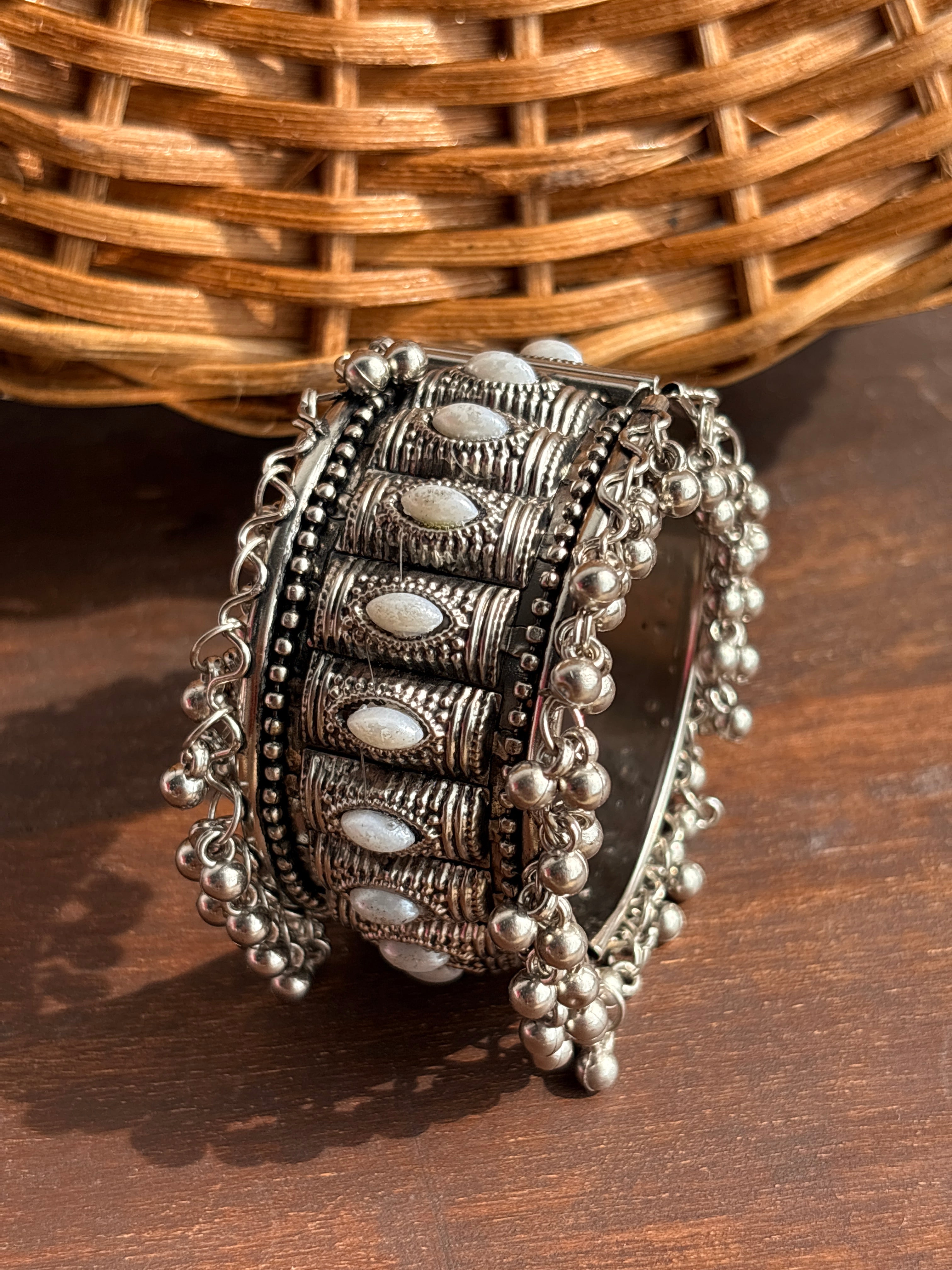 Chaandni Oxidised Silver-Tone White Stone Ghungroo Cuff Bracelet