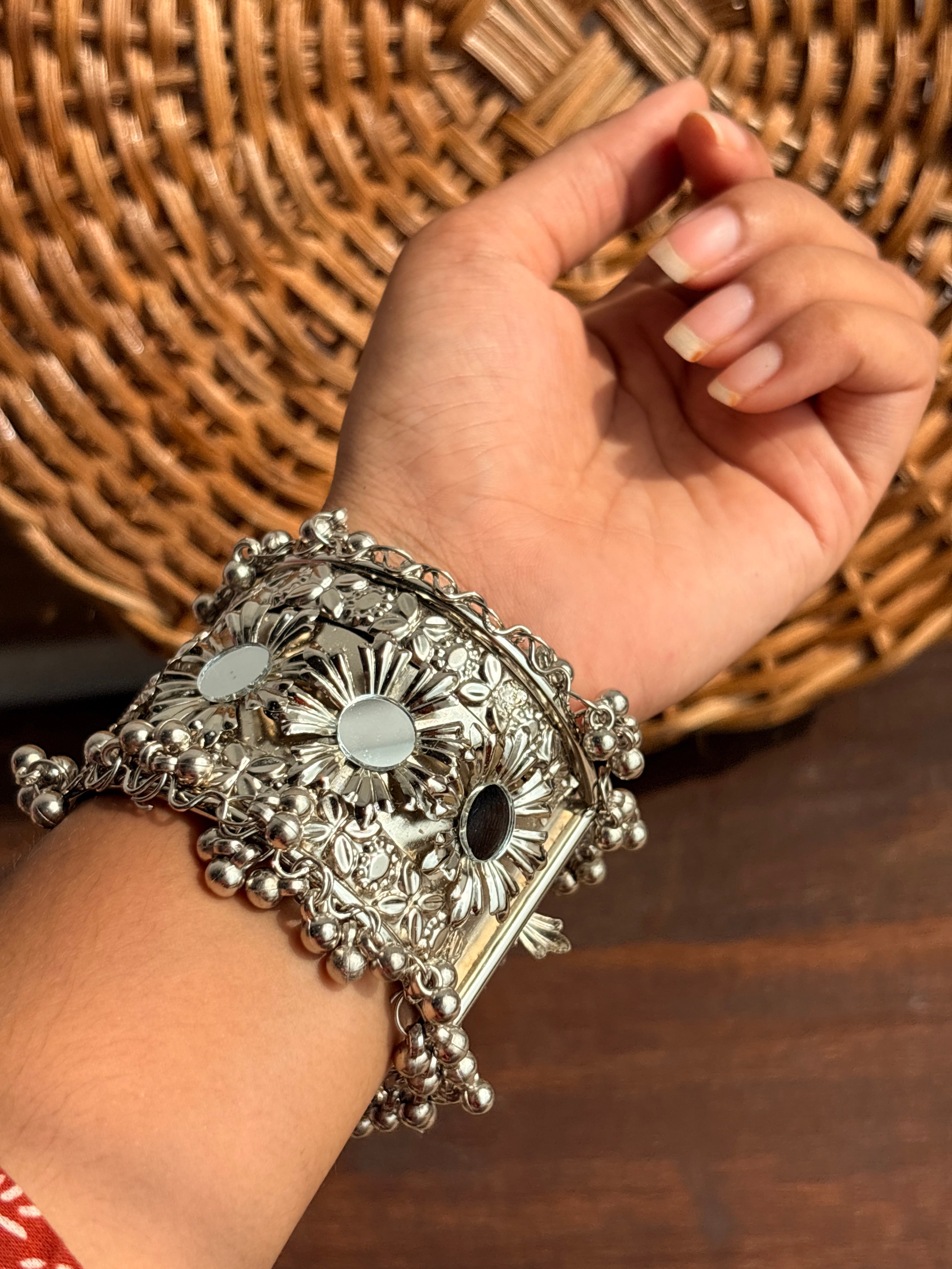 Sheesha Oxidised Silver-Tone Mirror Ghungroo Broad Cuff Bracelet