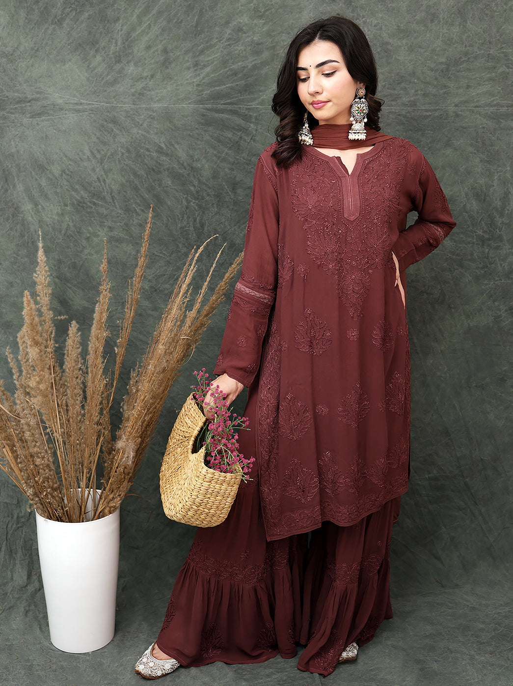 Giva Viscose Chikankari Kurti Garara Set with Dupatta - Choco