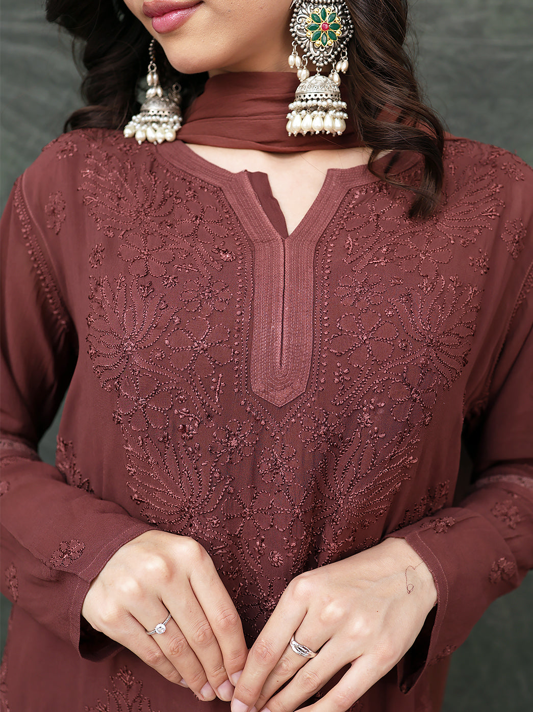 Giva Viscose Chikankari Kurti Garara Set with Dupatta - Choco