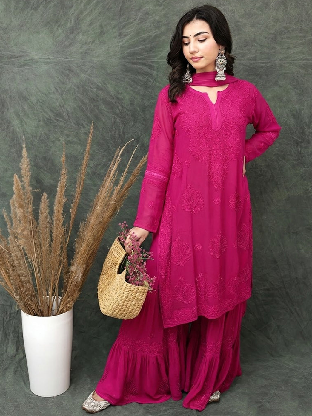 Giva Viscose Chikankari Kurti Garara Set with Dupatta - Hot Pink