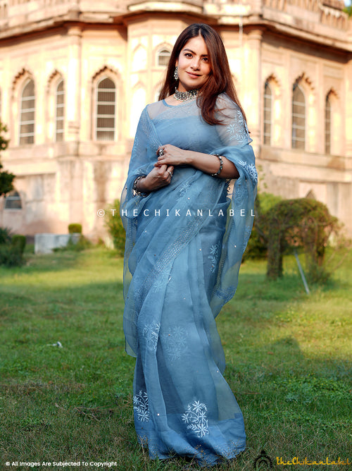 Grey Eesha Organza Chikankari Saree with Stitched Blouse