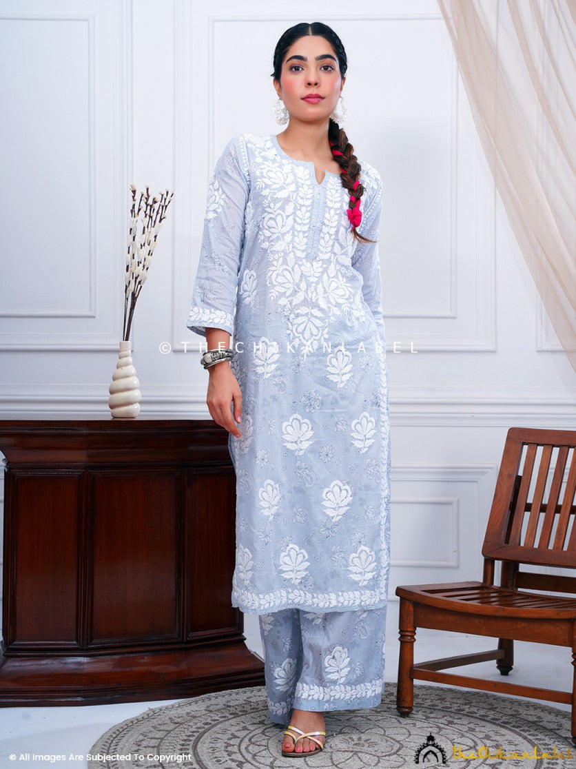 Grey Ruwaab Mulmul Cotton Chikankari Kurti Palazzo Set