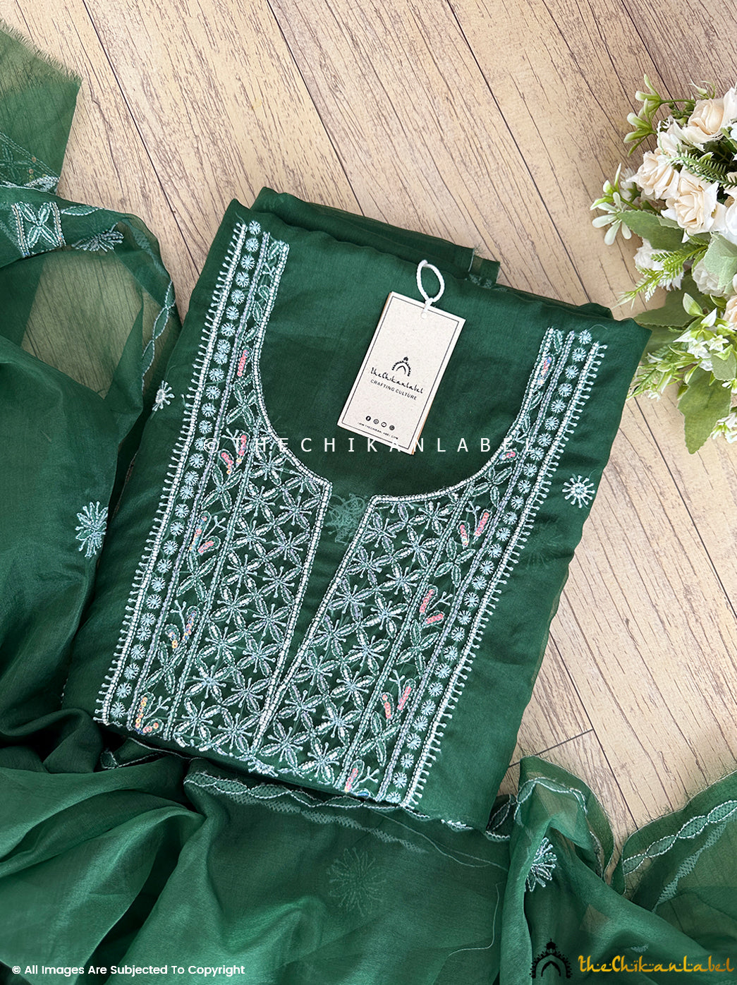 Bottle Green Nazrana Semi-Stitched Organza Chikankari Suit ,Chikankari Suit in Organza Fabric For Woman