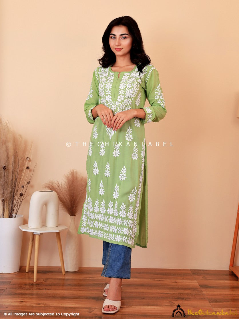 Green Raisa Modal Chikankari Straight Kurti ,Chikankari Straight Kurti in Modal Fabric For Woman