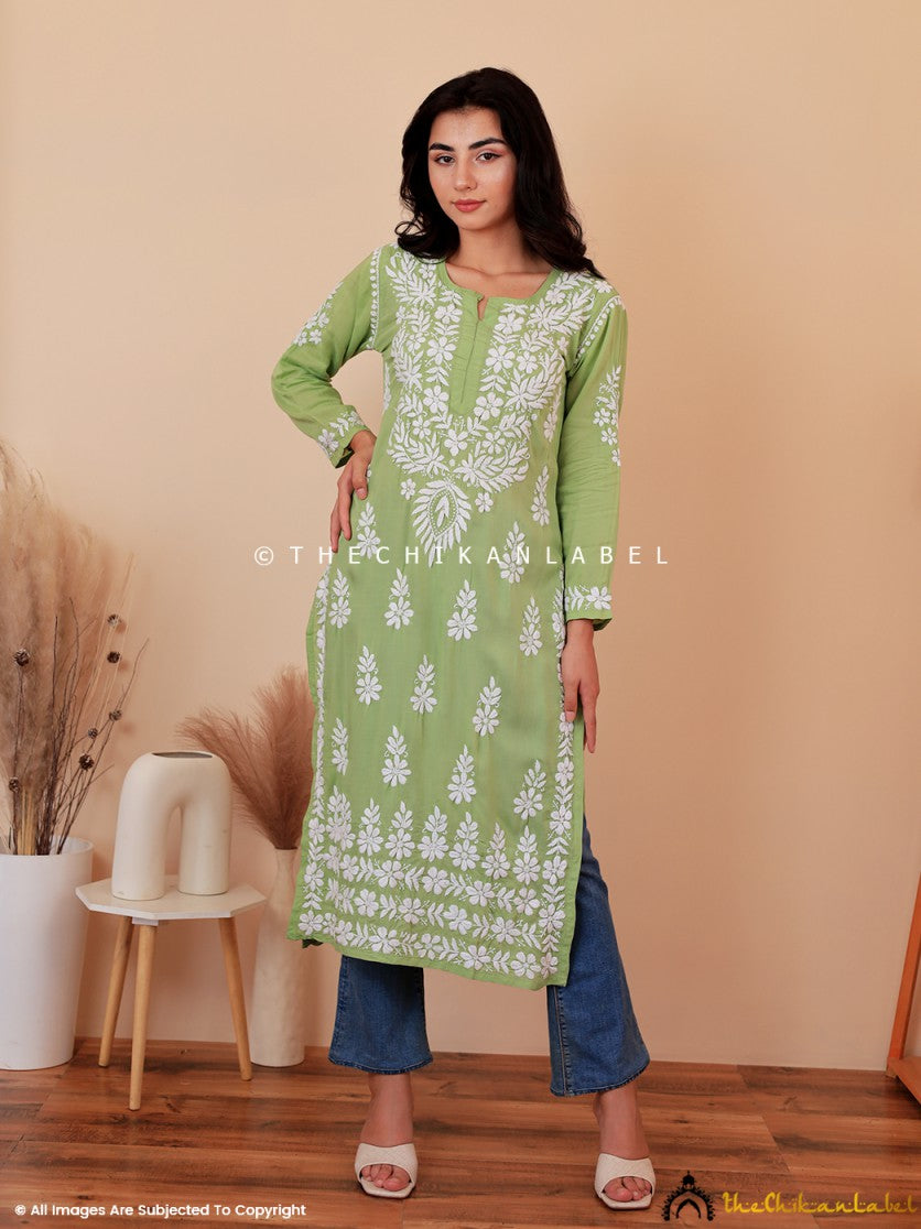 Green Raisa Modal Chikankari Straight Kurti ,Chikankari Straight Kurti  in Modal  Fabric For Woman