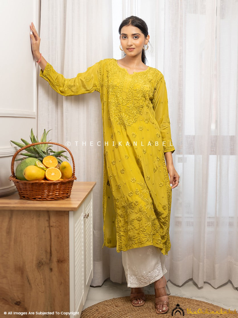 Mehndi Bindiya Crepe Chikankari Straight Kurti