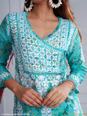 Green Qaifa Mulmul Cotton Straight Chikankari Kurti