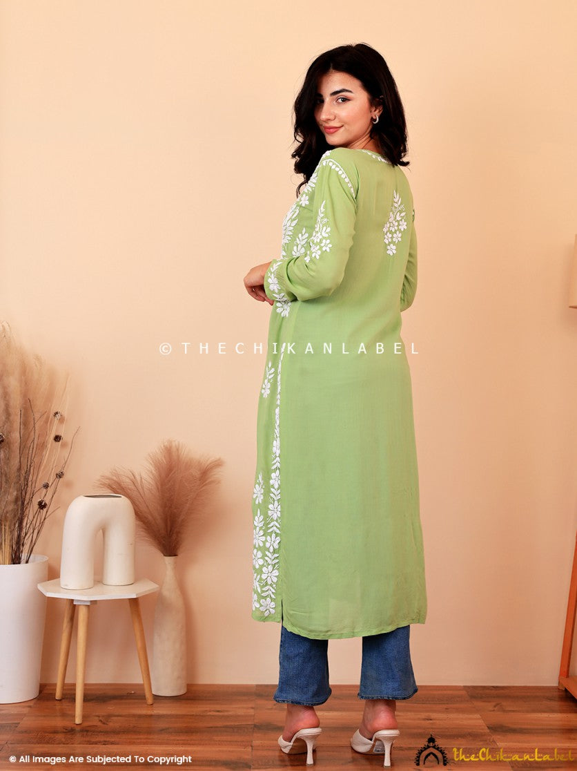 Green Raisa Modal Chikankari Straight Kurti ,Chikankari Straight Kurti in Modal Fabric For Woman