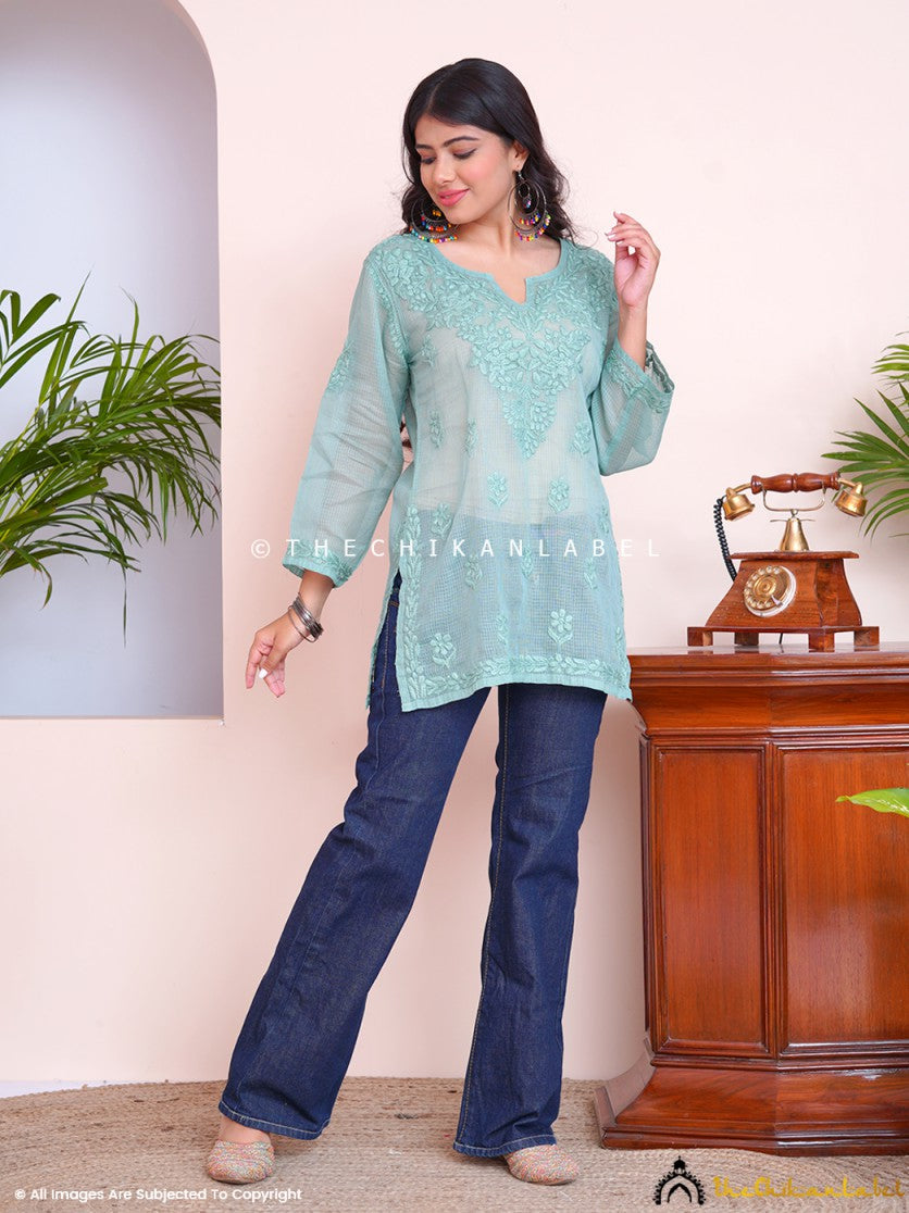 Green Rajia Kota Cotton Chikankari Short Top ,Chikankari Short Top in Kota Cotton Fabric For Woman