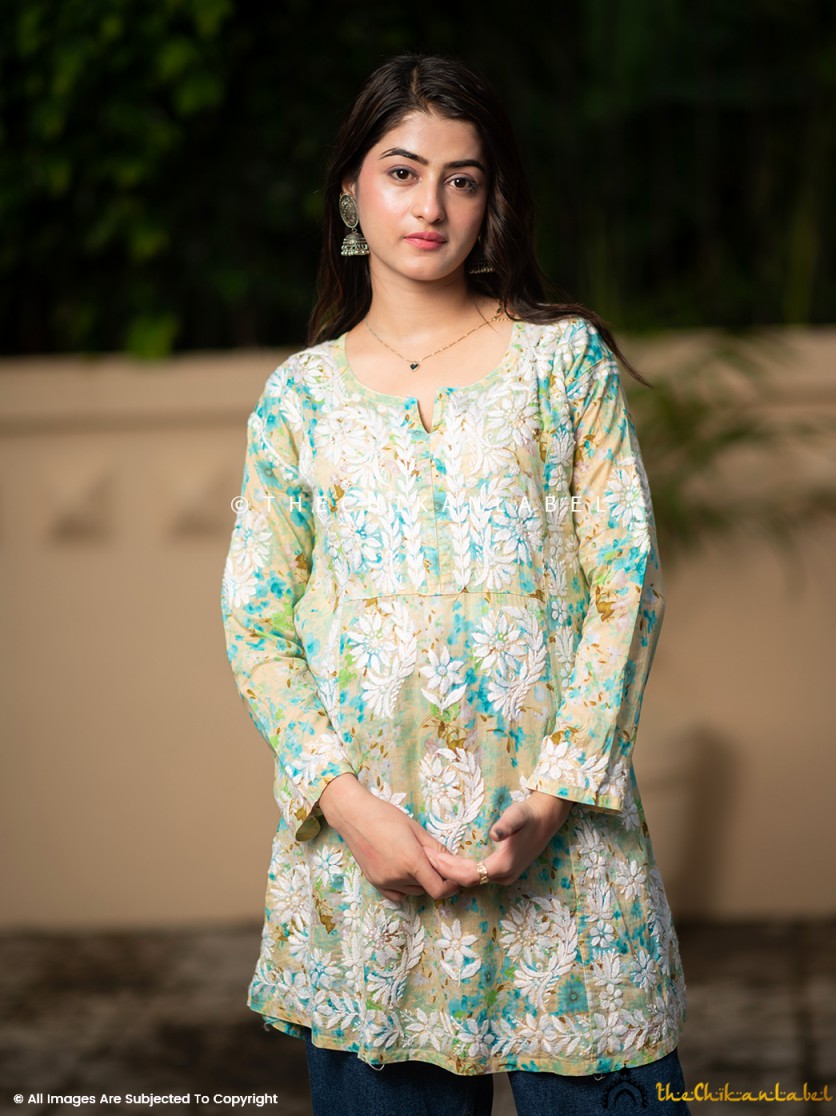 chikankari short kurti, chikankari tunic top, green chikankari short kurti, chikankari short kurti in cotton fabric for women
