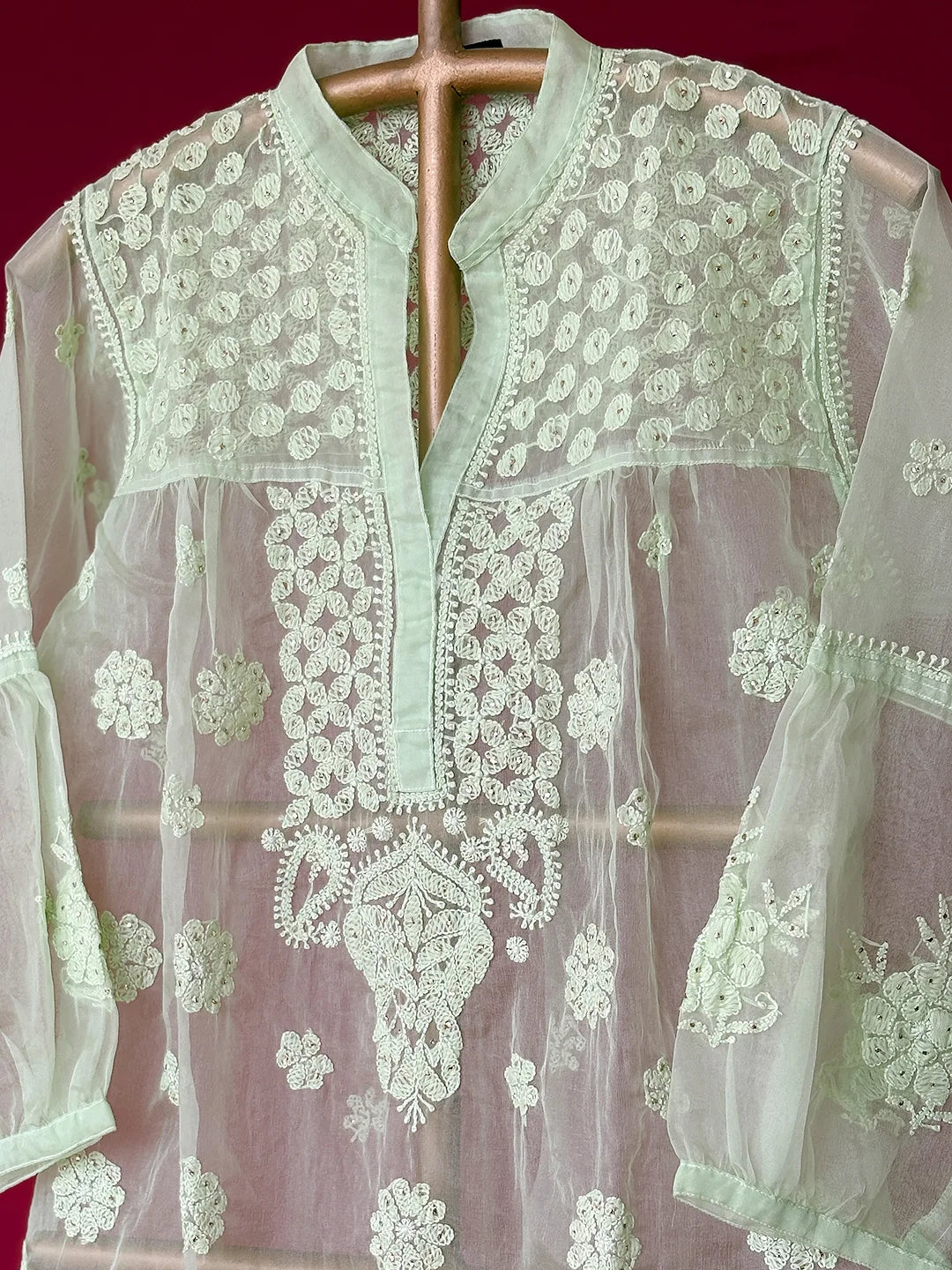 Aashna Organza Chikankari Short Kurta - Green