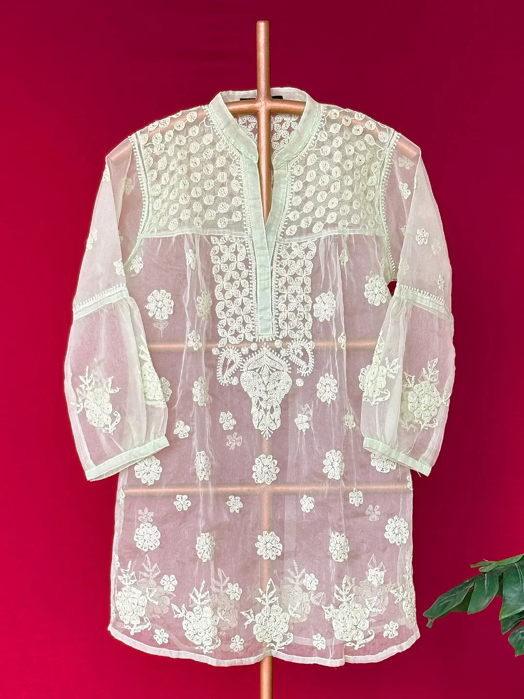 Aashna Organza Chikankari Short Kurta - Green