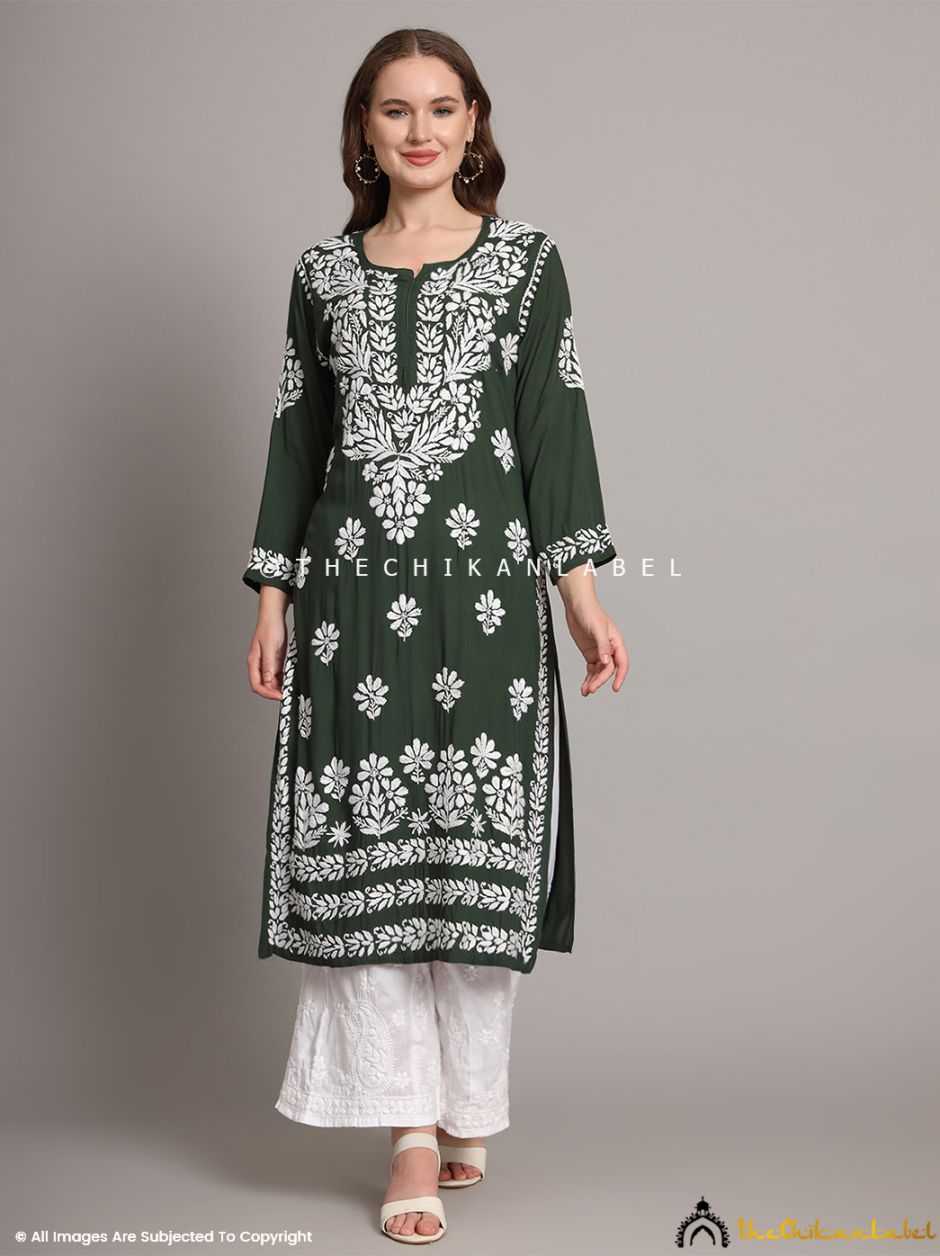 Green Aditi Modal Chikankari Straight Kurti