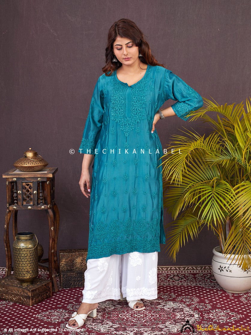 Green Afseen Chanderi Chikankari Straight Kurti ,Chikankari Straight Kurti in Chanderi Fabric For Woman