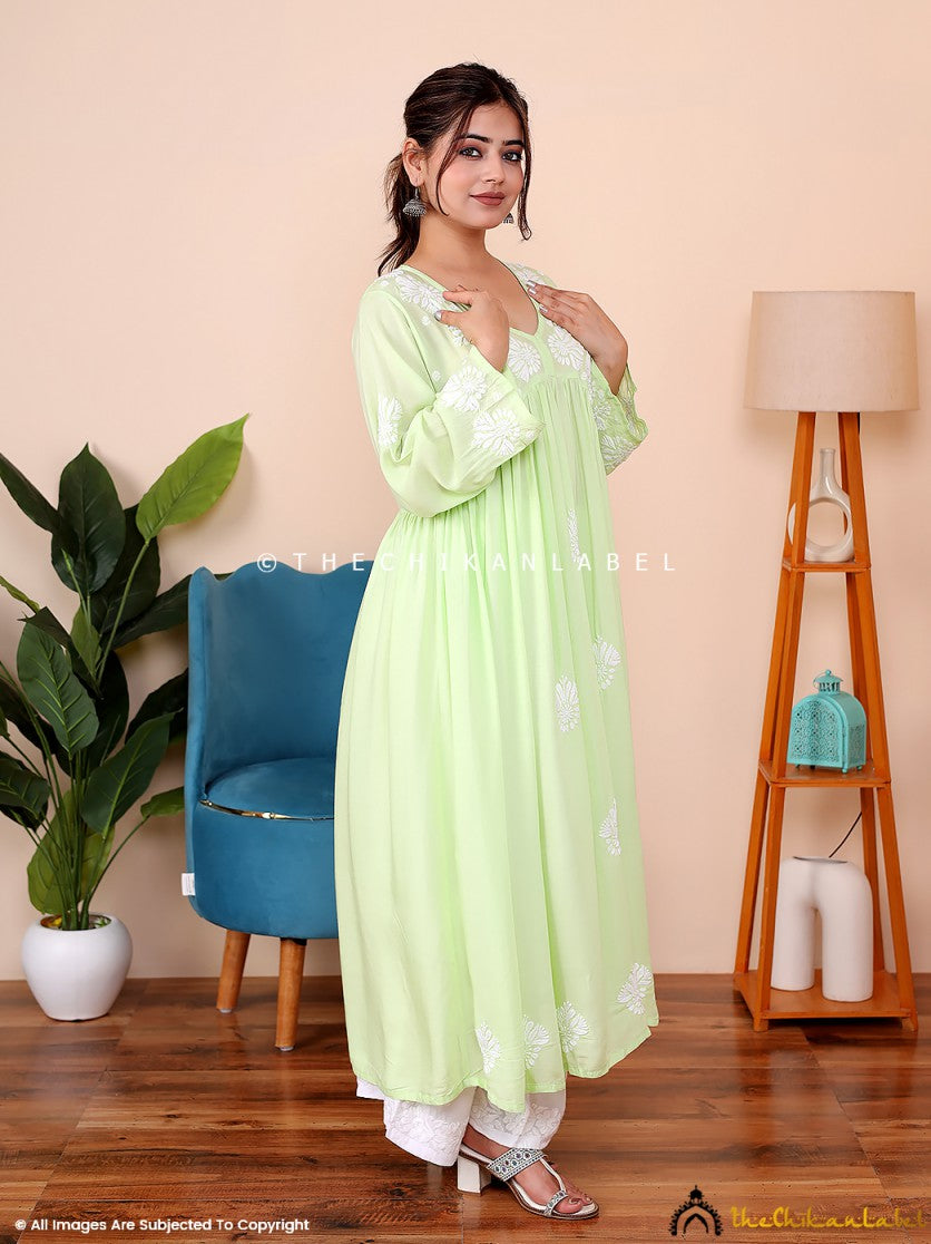 Green Aina Modal Chikankari Alia Cut A-Line Kurti