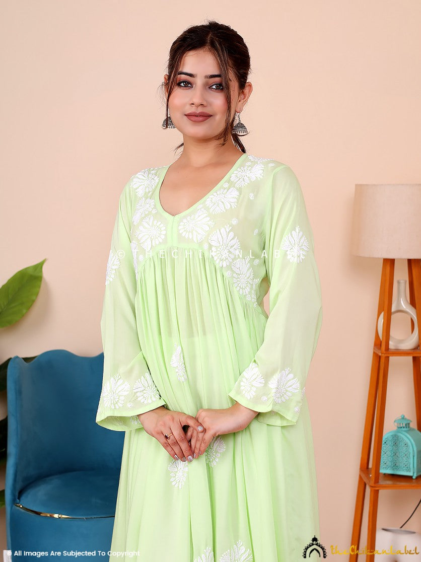 Green Aina Modal Chikankari Alia Cut A-Line Kurti