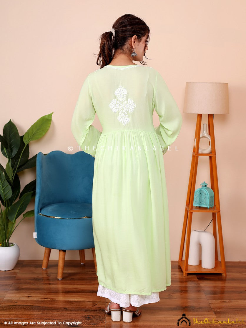 Green Aina Modal Chikankari Alia Cut A-Line Kurti