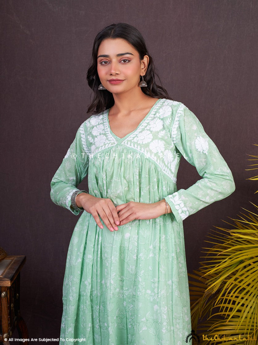 Pista Green Alia Mulmul Chikankari Anarkali ,Chikankari Anarkali in Mulmul Fabric For Woman