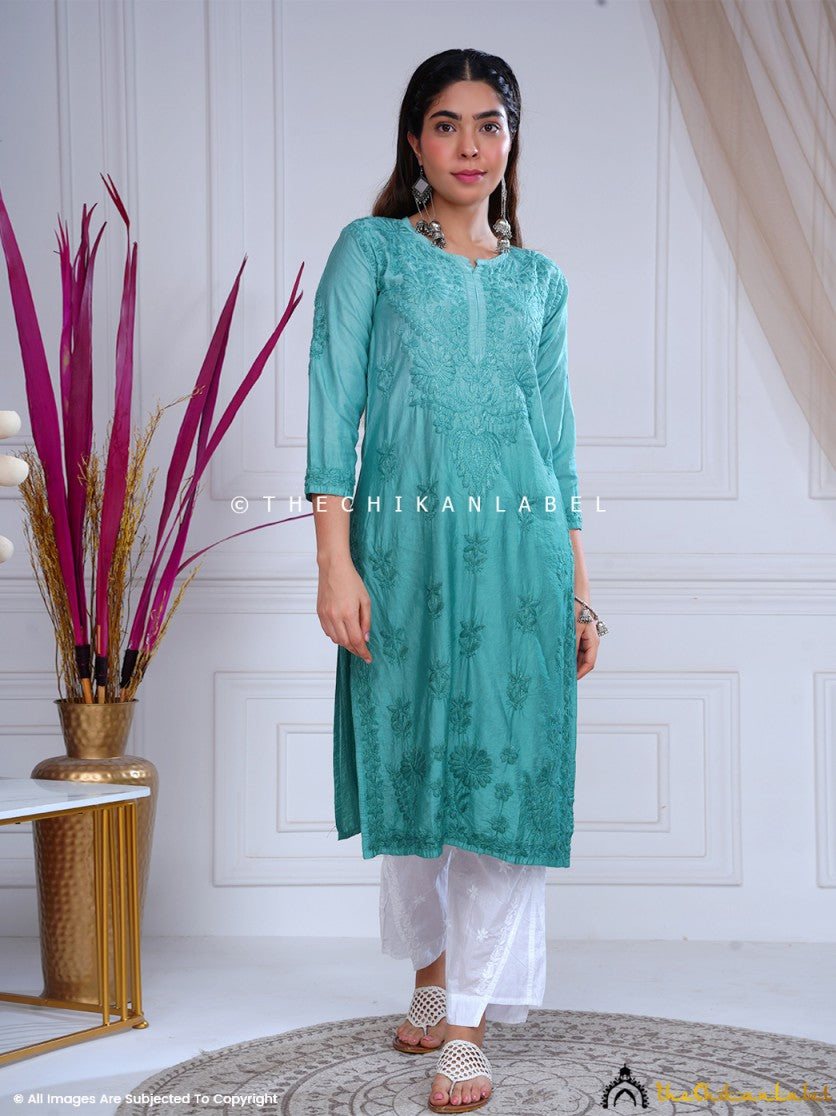 Green Fiza Chanderi Chikankari Straight Kurti,Chikankari Straight Kurti in Chanderi Fabric For Woman
