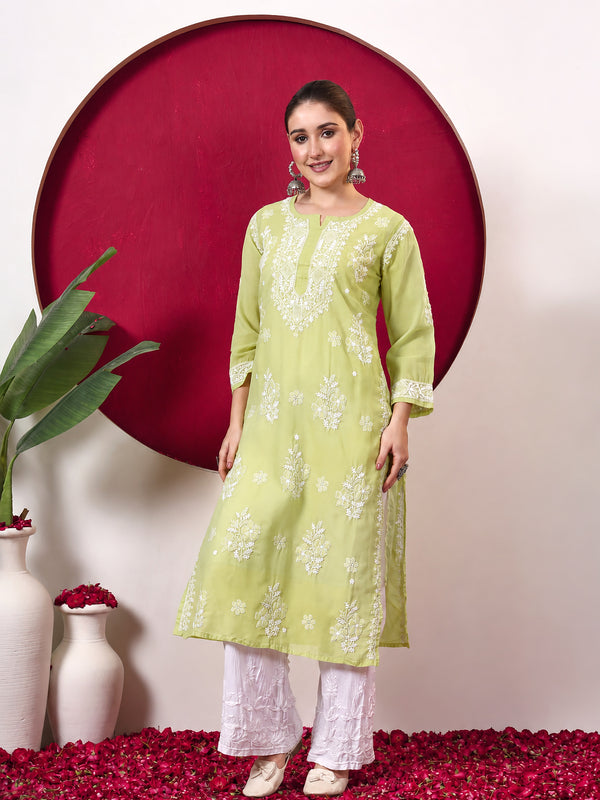 Chhavi Cotton Chikankari Straight Kurti with inner - Green