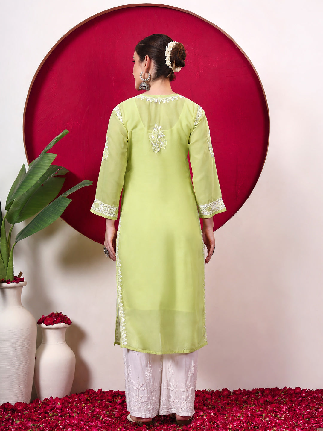 Chhavi Cotton Chikankari Straight Kurti with inner - Green