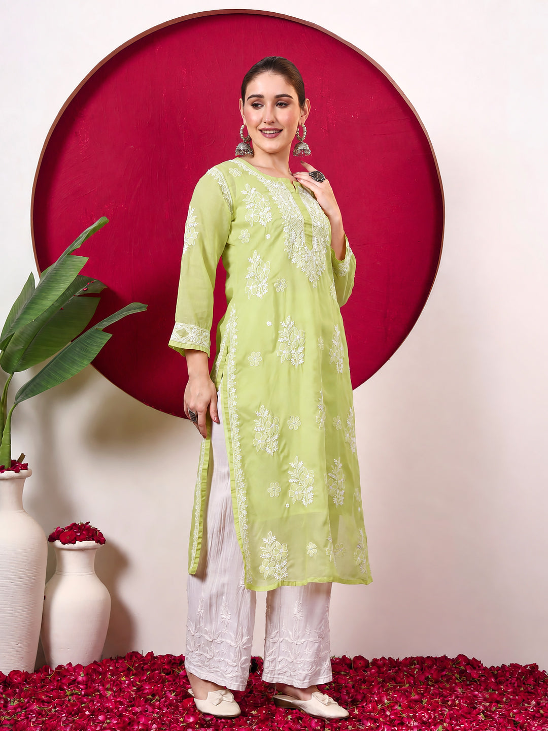 Chhavi Cotton Chikankari Straight Kurti with inner - Green