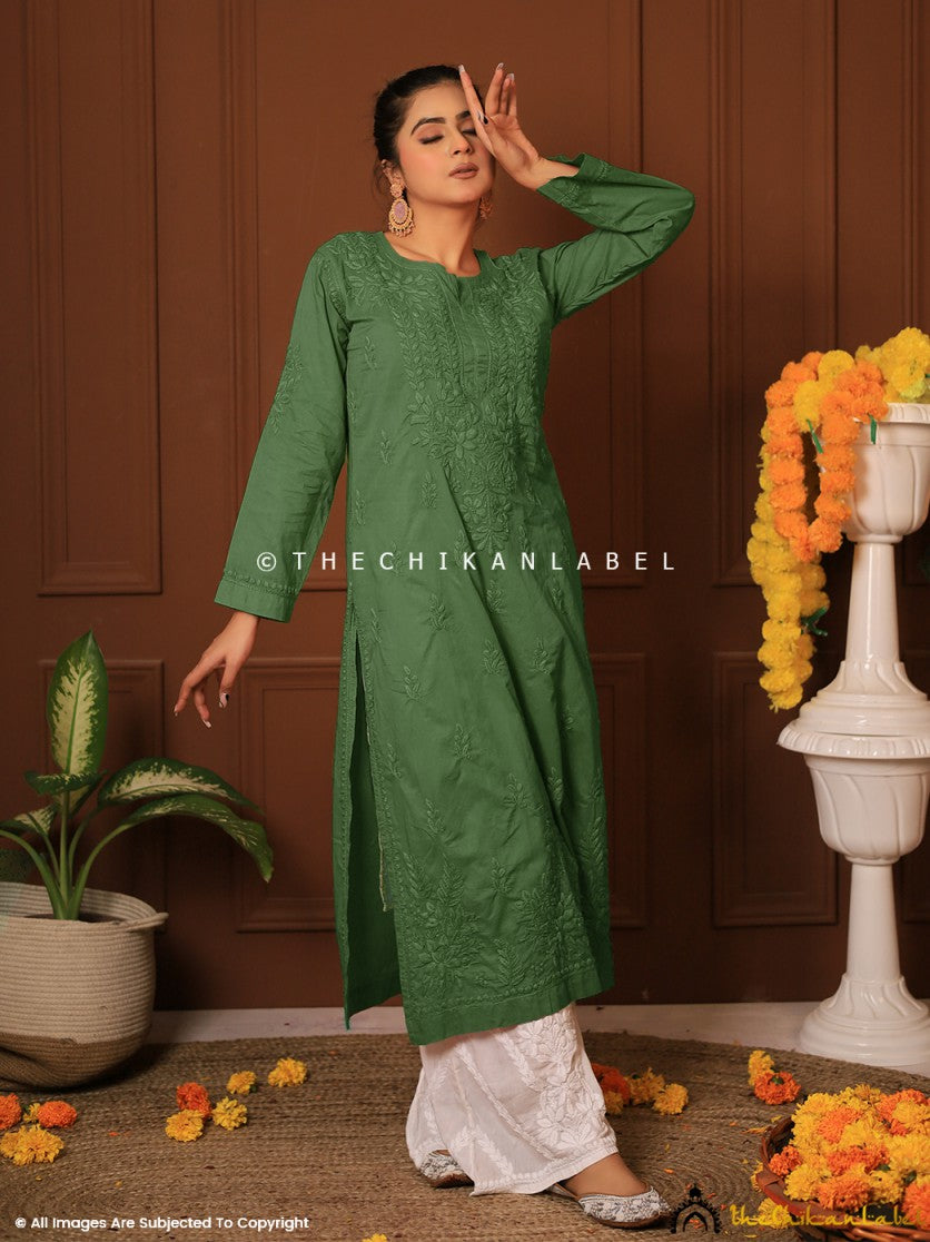 Green Riyad Cotton Chikankari Straight Kurti ,Chikankari Straight Kurti in Modal fabric For Woman