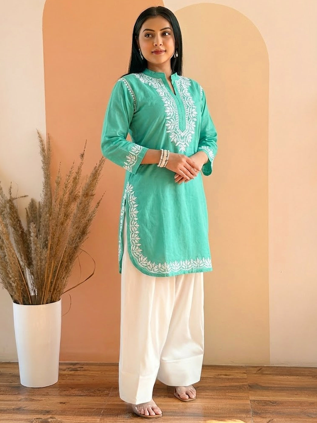 Green Cotton Chikankari Farshi Salwar Set