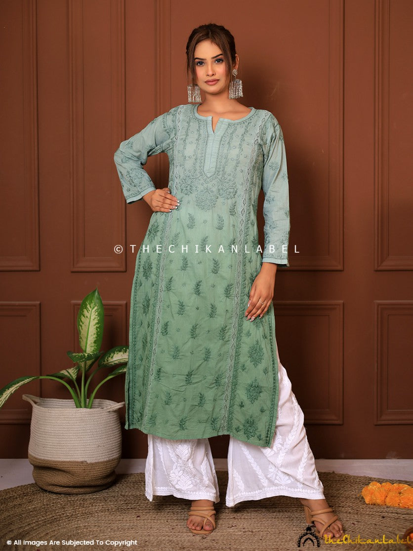 Chikan Gown Kurti in Mul Mul Cotton Fabric Green — IndiArtisian