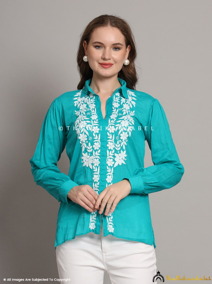 Green Drisha Mulmul Cotton Chikankari Shirt